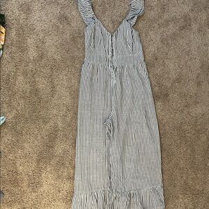 Striped Ruffle-Strap One-Piece Jumpsuit - White & Navy